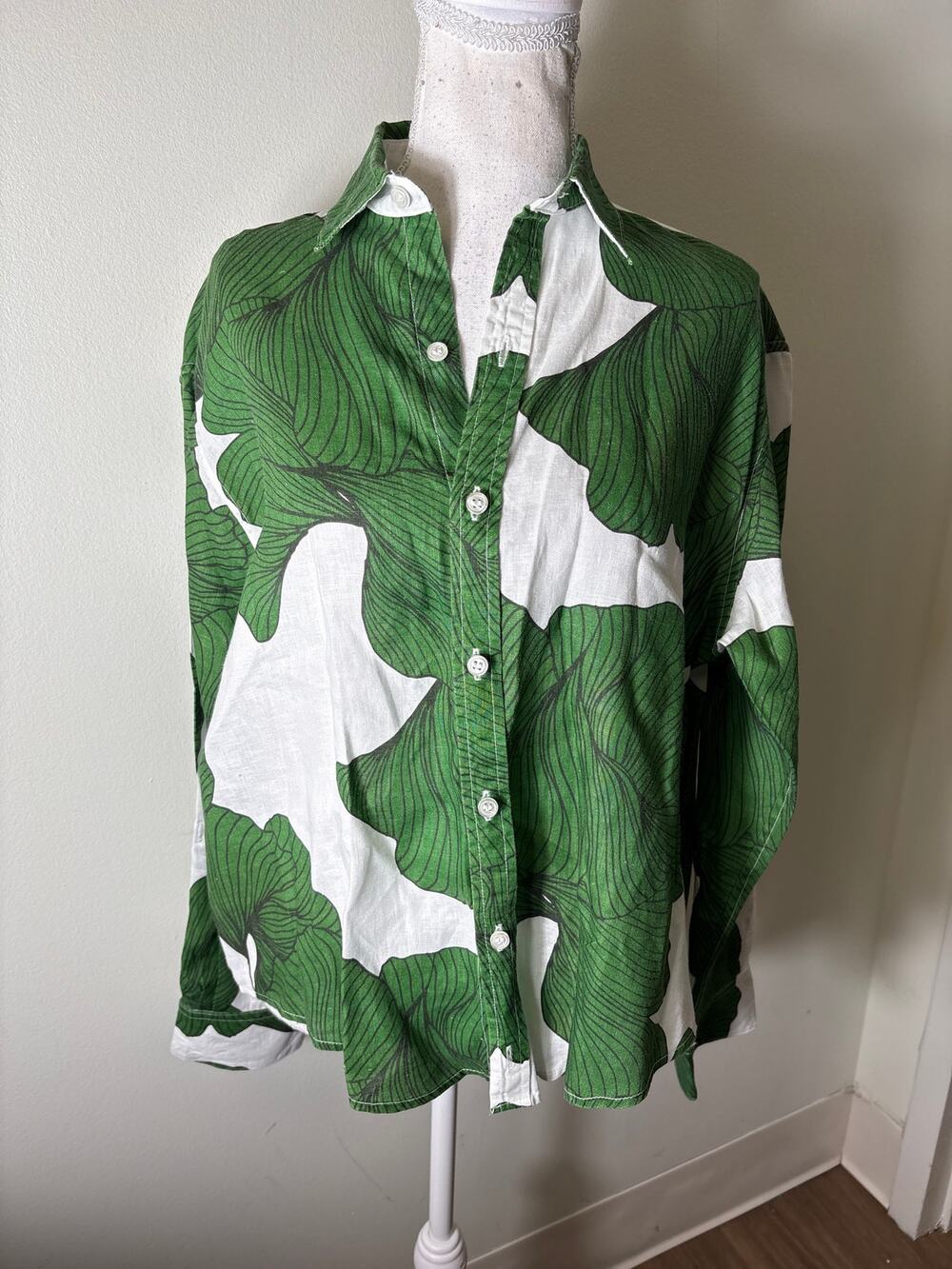 Emily Phillips Linen Green and White Leaf Button Up Shirt Sz XL